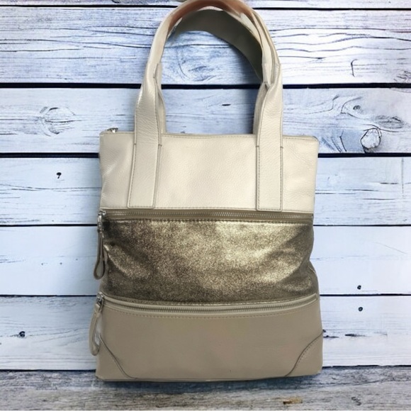 NWT Fossil Cream Metallic Gold Taupe Stripes Leather Large Shoulder Bag - Picture 1 of 7